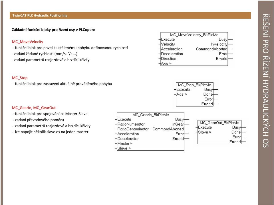 MC_Stop -funkční blok pro zastavení aktuálně prováděného pohybu MC_GearIn, MC_GearOut -funkční blok pro spojování os