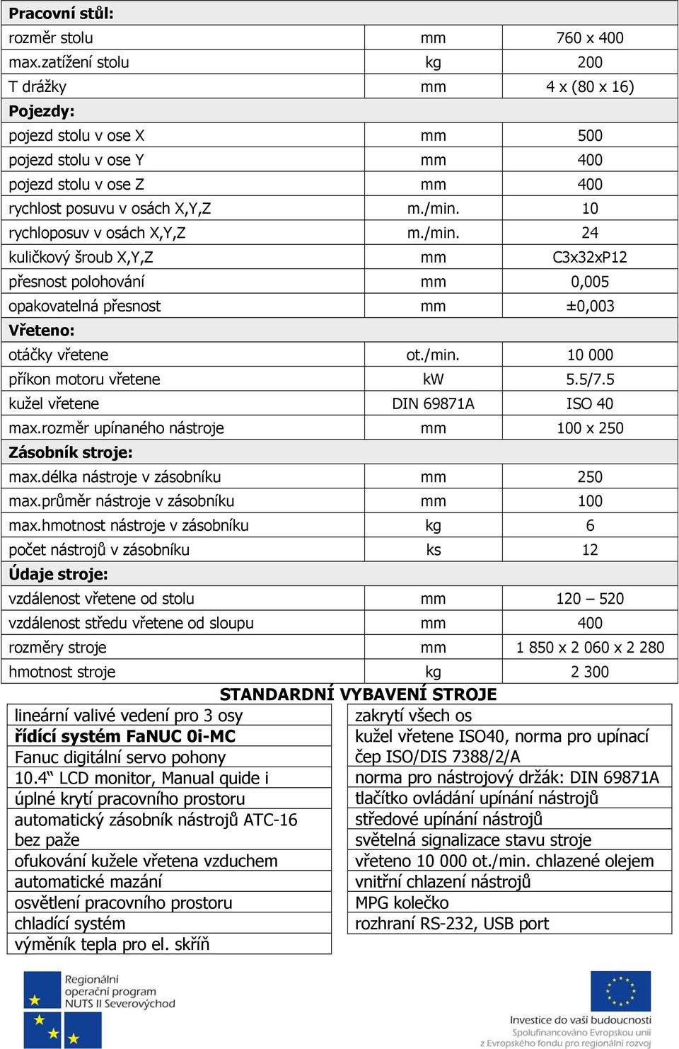 10 rychloposuv v osách X,Y,Z m./min. 24 kuličkový šroub X,Y,Z mm C3x32xP12 přesnost polohování mm 0,005 opakovatelná přesnost mm ±0,003 Vřeteno: otáčky vřetene ot./min. 10 000 příkon motoru vřetene kw 5.