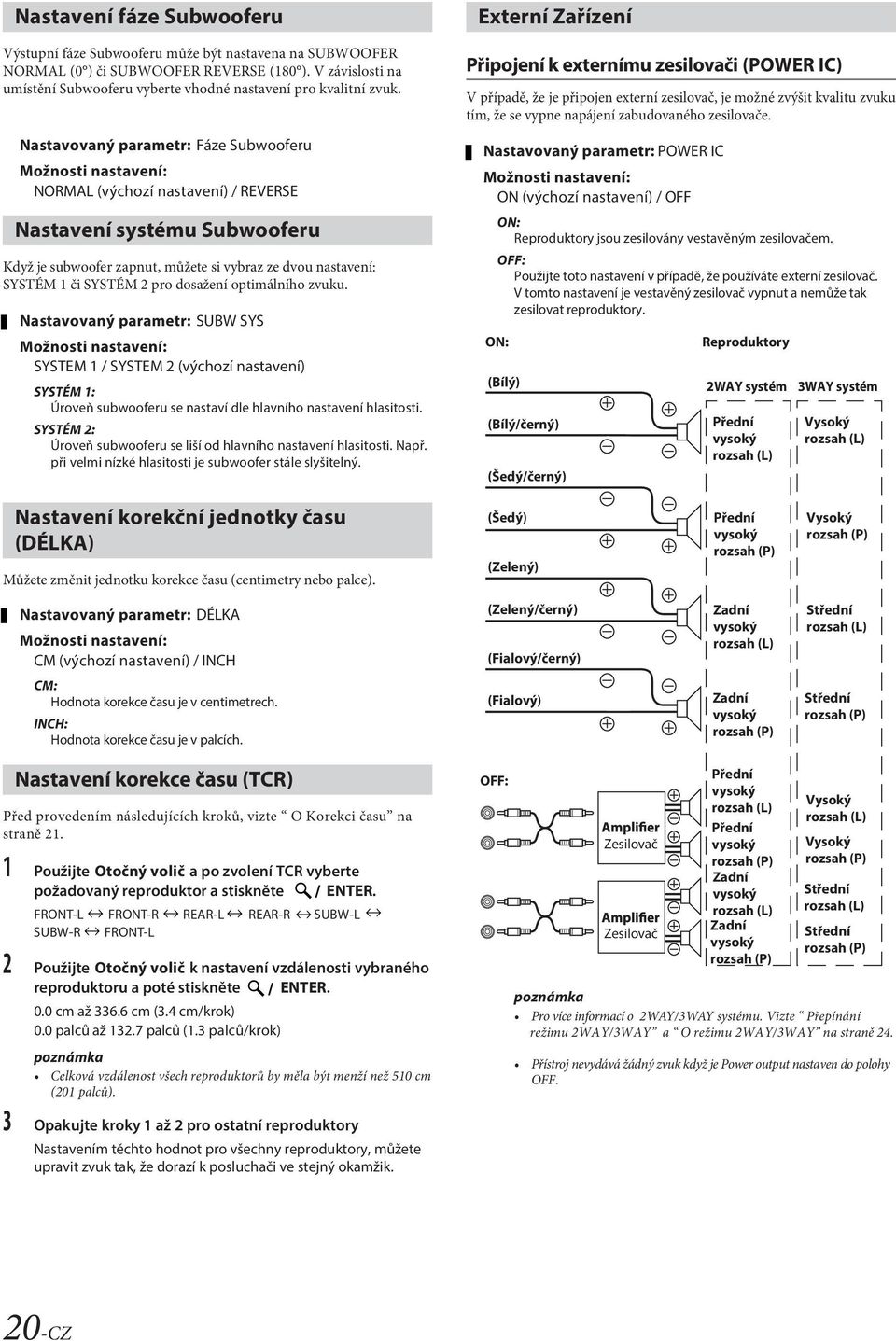 Nastavovaný parametr: Fáze Subwooferu NORMAL (výchozí nastavení) / REVERSE Nastavení systému Subwooferu Když je subwoofer zapnut, můžete si vybraz ze dvou nastavení: SYSTÉM 1 či SYSTÉM 2 pro dosažení