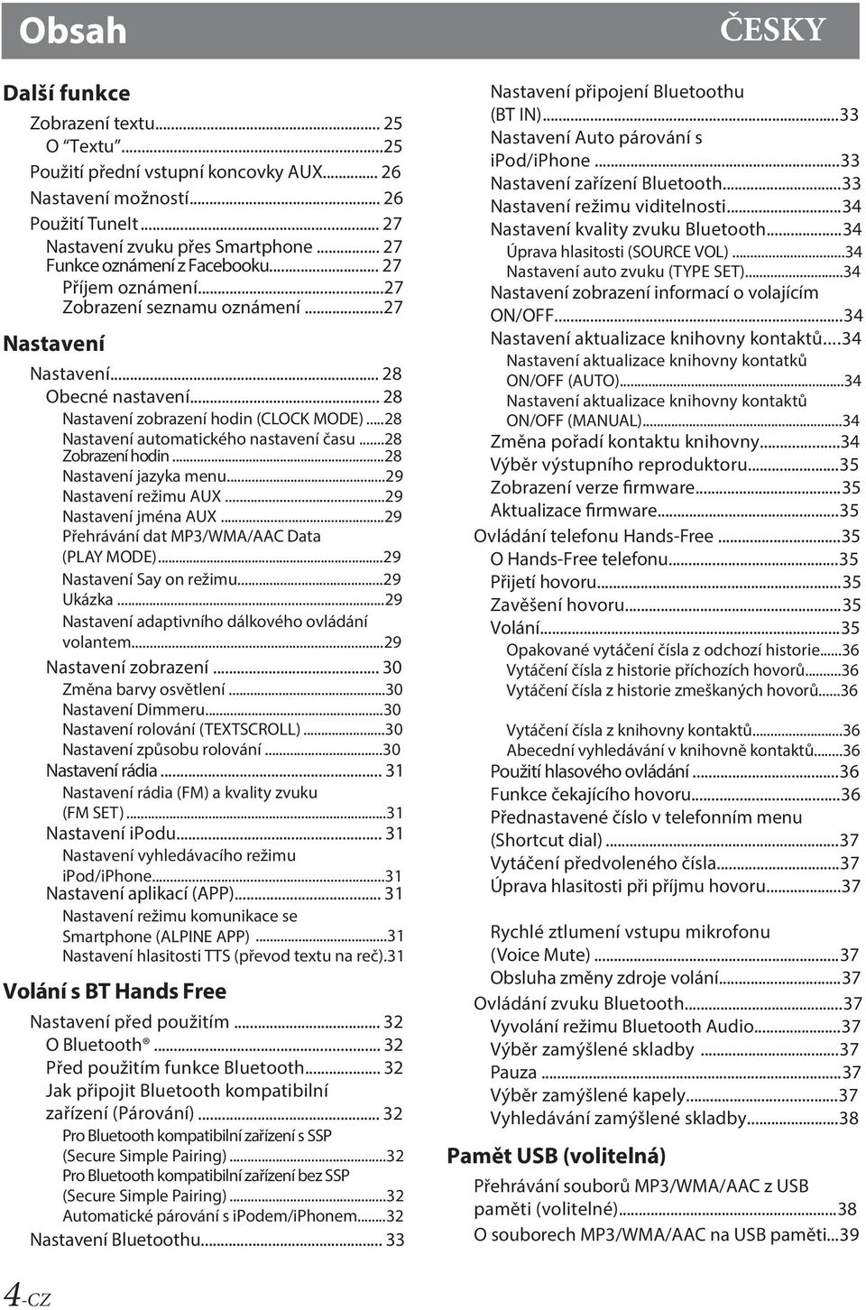 ..28 Nastavení automatického nastavení času...28 Zobrazení hodin...28 Nastavení jazyka menu...29 Nastavení režimu AUX...29 Nastavení jména AUX...29 Přehrávání dat MP3/WMA/AAC Data (PLAY MODE).