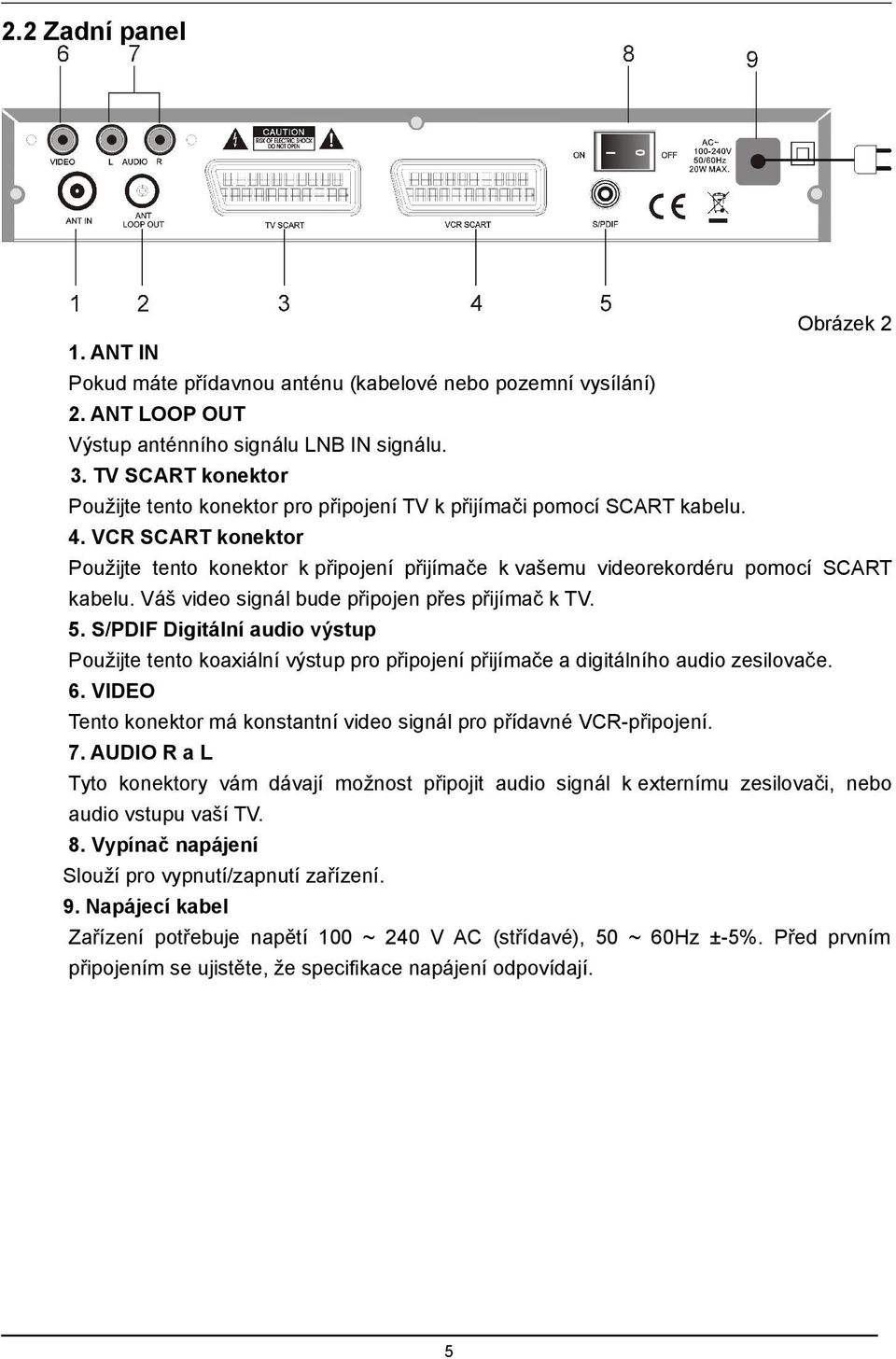 VCR SCART konektor Použijte tento konektor k připojení přijímače k vašemu videorekordéru pomocí SCART kabelu. Váš video signál bude připojen přes přijímač k TV. 5.