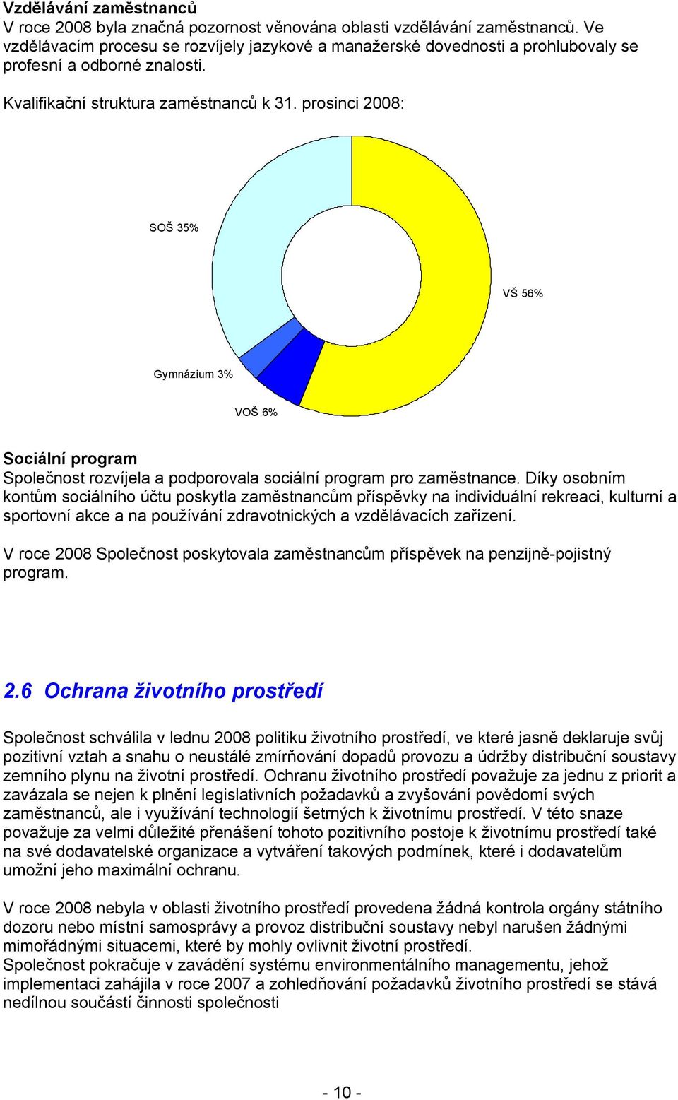 prosinci 2008: SOŠ 35% VŠ 56% Gymnázium 3% VOŠ 6% Sociální program Společnost rozvíjela a podporovala sociální program pro zaměstnance.