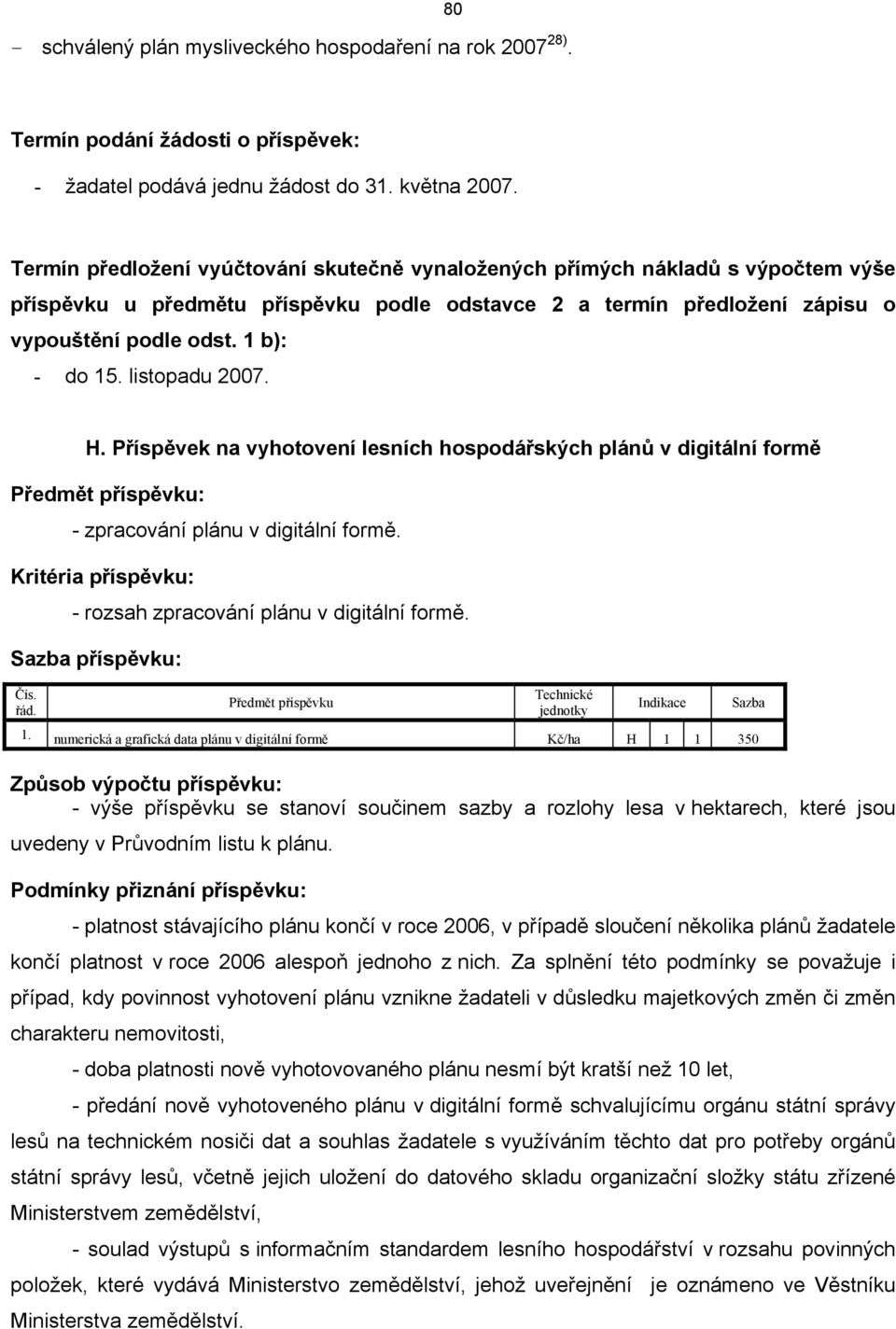 listopadu 007. H. Příspěvek na vyhotovení lesních hospodářských plánů v digitální formě Předmět příspěvku: zpracování plánu v digitální formě.