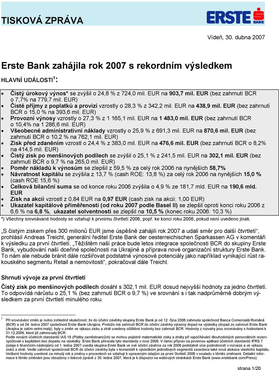 EUR) Provozní výnosy vzrostly o 27,3 % z 1 165,1 mil. EUR na 1 483,0 mil. EUR (bez zahrnutí BCR o 10,4% na 1 286,6 mil. EUR) Všeobecné administrativní náklady vzrostly o 25,9 % z 691,3 mil.