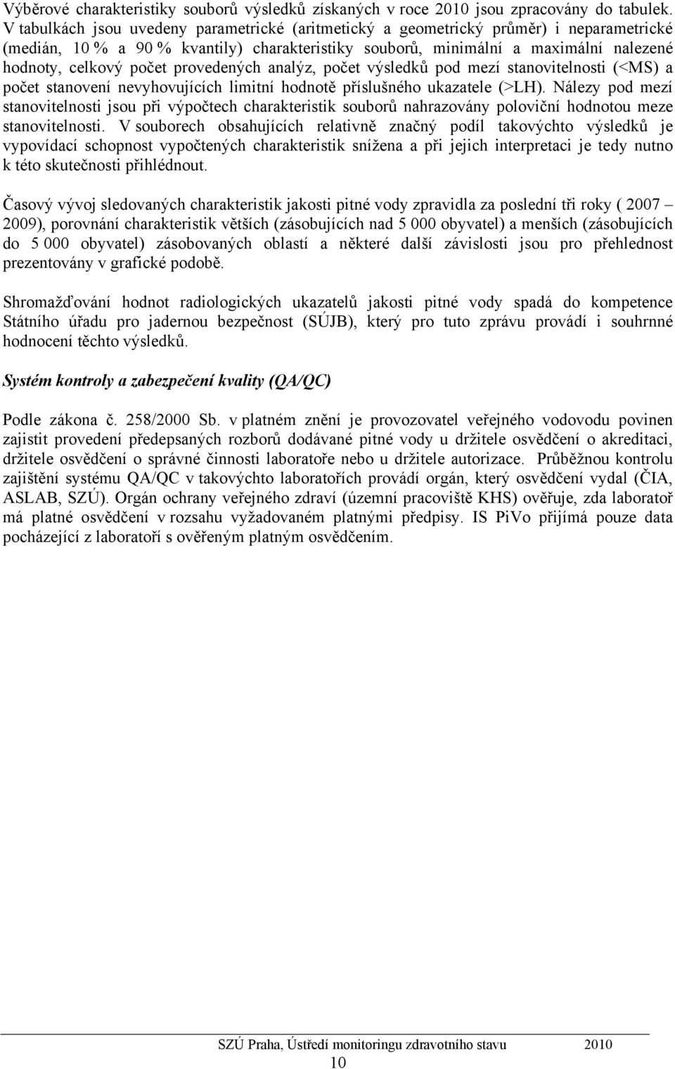 provedených analýz, počet výsledků pod mezí stanovitelnosti (<MS) a počet stanovení nevyhovujících limitní hodnotě příslušného ukazatele (>LH).