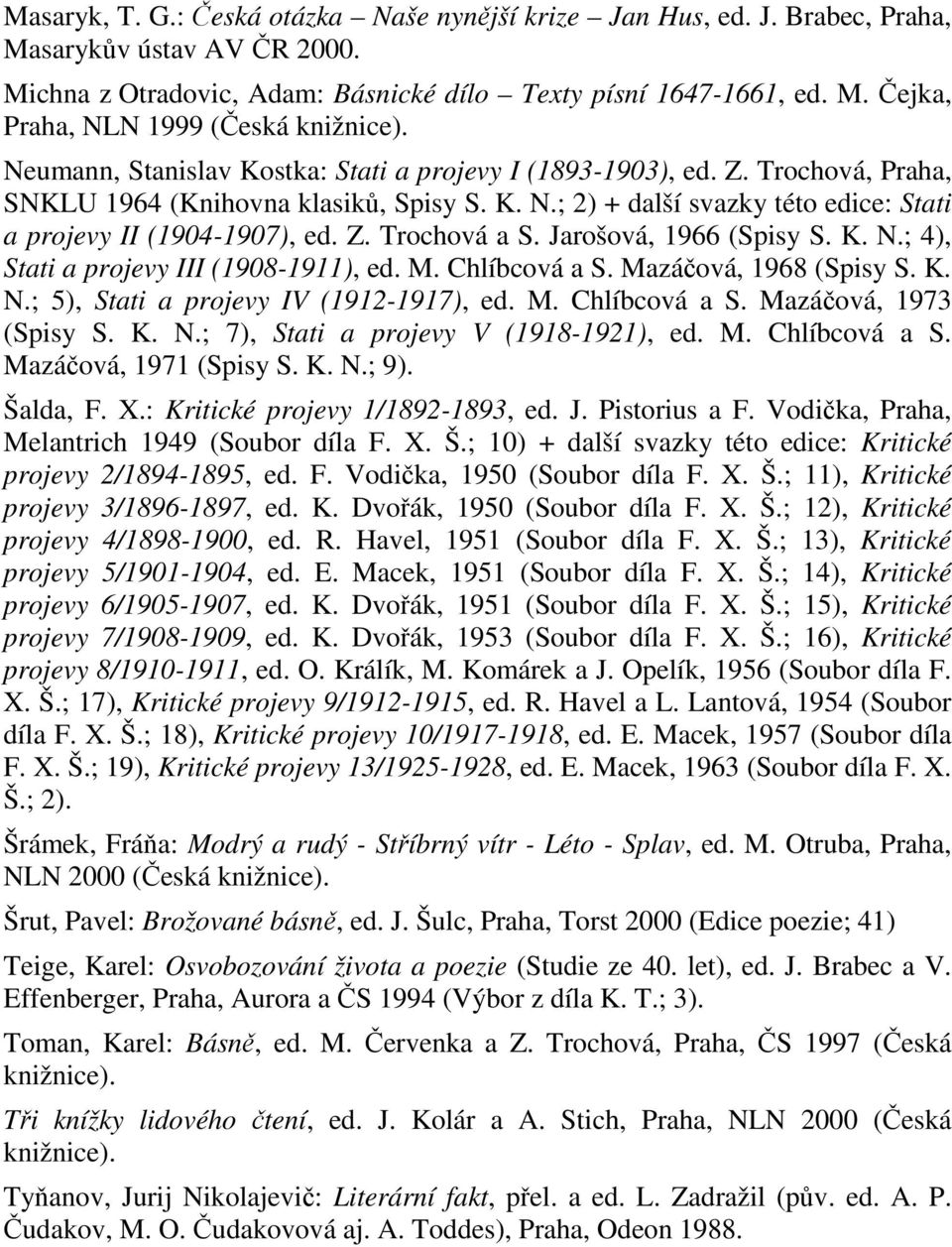 Jarošová, 1966 (Spisy S. K. N.; 4), Stati a projevy III (1908-1911), ed. M. Chlíbcová a S. Mazáová, 1968 (Spisy S. K. N.; 5), Stati a projevy IV (1912-1917), ed. M. Chlíbcová a S. Mazáová, 1973 (Spisy S.