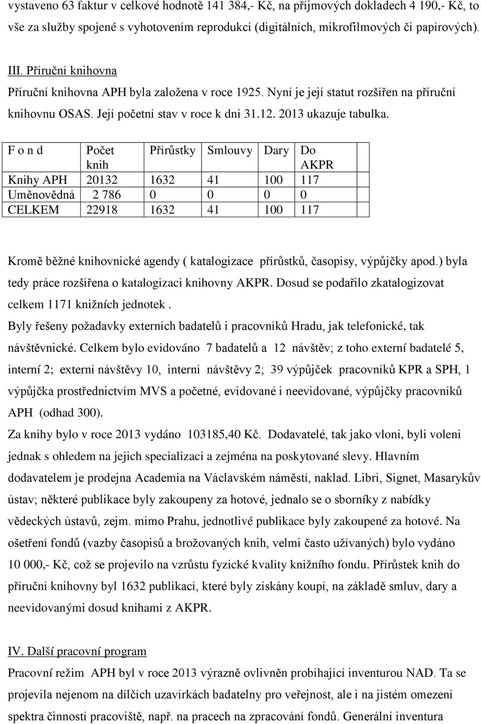 F o n d Počet knih Přírůstky Smlouvy Dary Do AKPR Knihy APH 20132 1632 41 100 117 Uměnovědná 2 786 0 0 0 0 CELKEM 22918 1632 41 100 117 Kromě běžné knihovnické agendy ( katalogizace přírůstků,