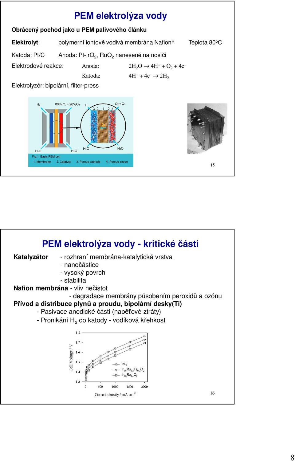 kritické části Katalyzátor - rozhraní membrána-katalytická vrstva - nanočástice - vysoký povrch - stabilita Nafion membrána - vliv nečistot - degradace membrány