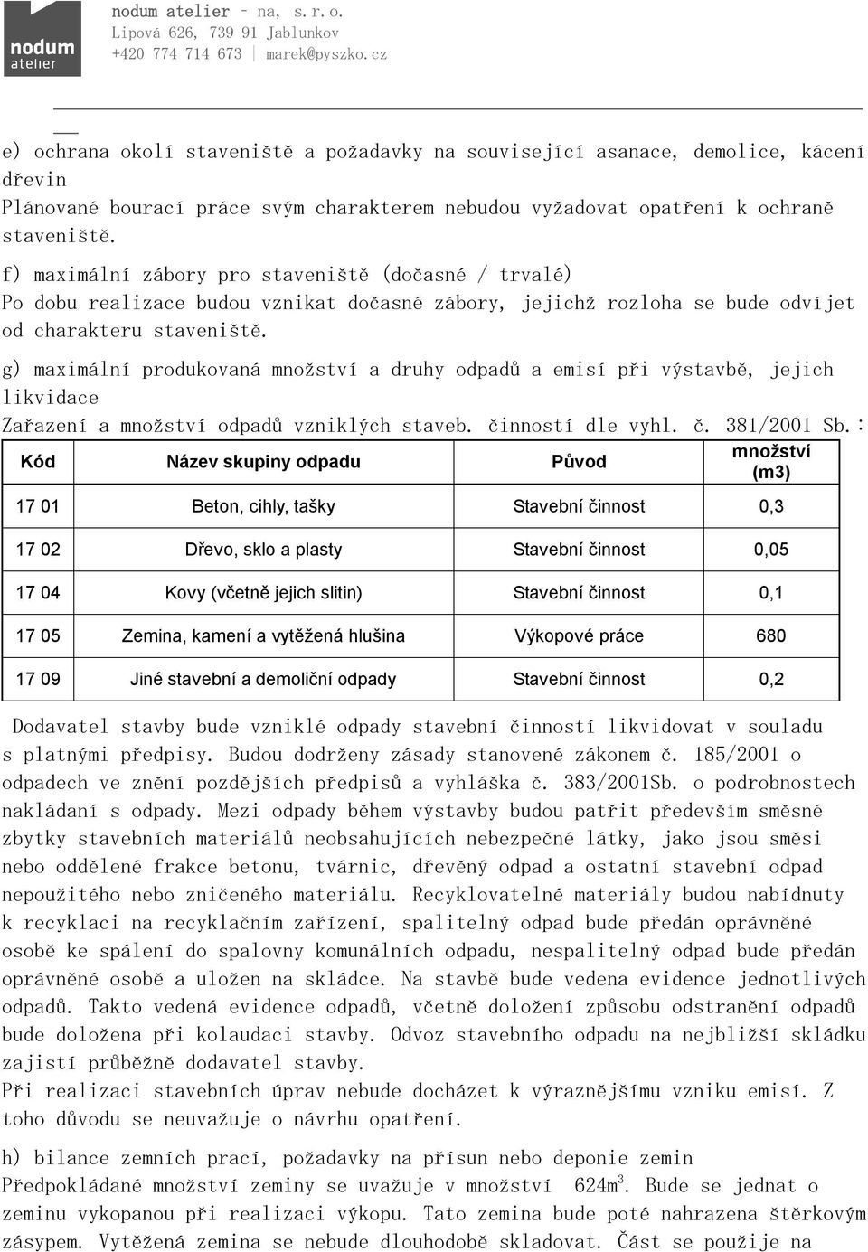 g) maximální produkovaná množství a druhy odpadů a emisí při výstavbě, jejich likvidace Zařazení a množství odpadů vzniklých staveb. činností dle vyhl. č. 381/2001 Sb.