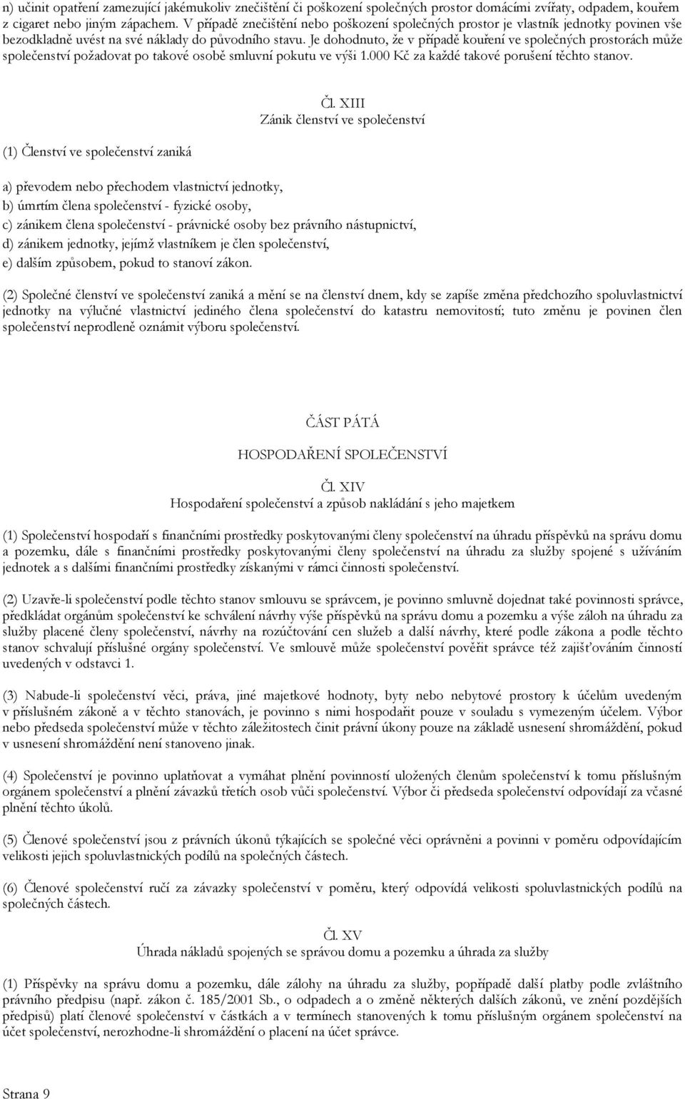 Je dohodnuto, že v případě kouření ve společných prostorách může společenství požadovat po takové osobě smluvní pokutu ve výši 1.000 Kč za každé takové porušení těchto stanov.