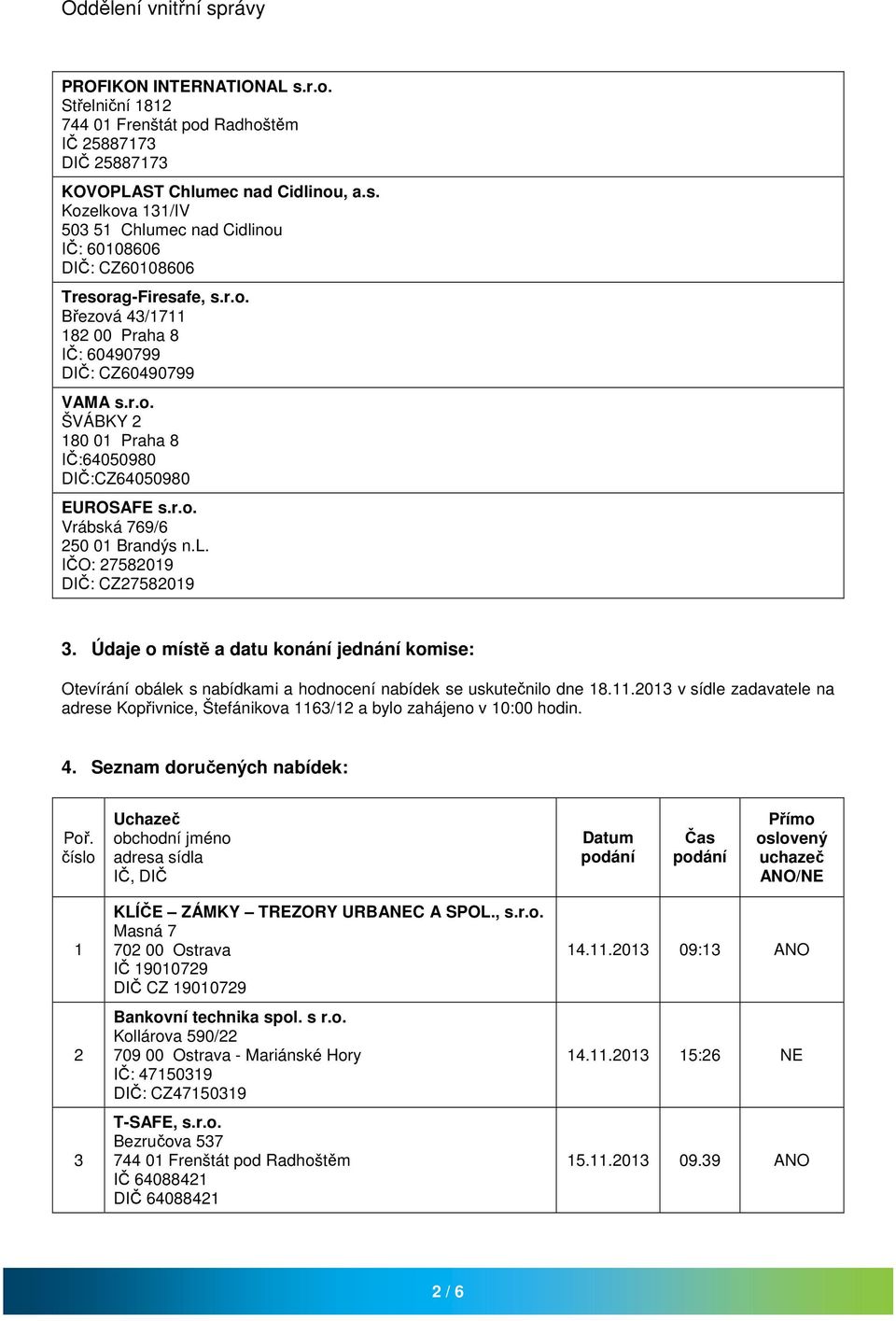 2013 v sídle zadavatele na adrese Kopřivnice, Štefánikova 1163/12 a bylo zahájeno v 10:00 hodin. 4. Seznam doručených nabídek: Poř.