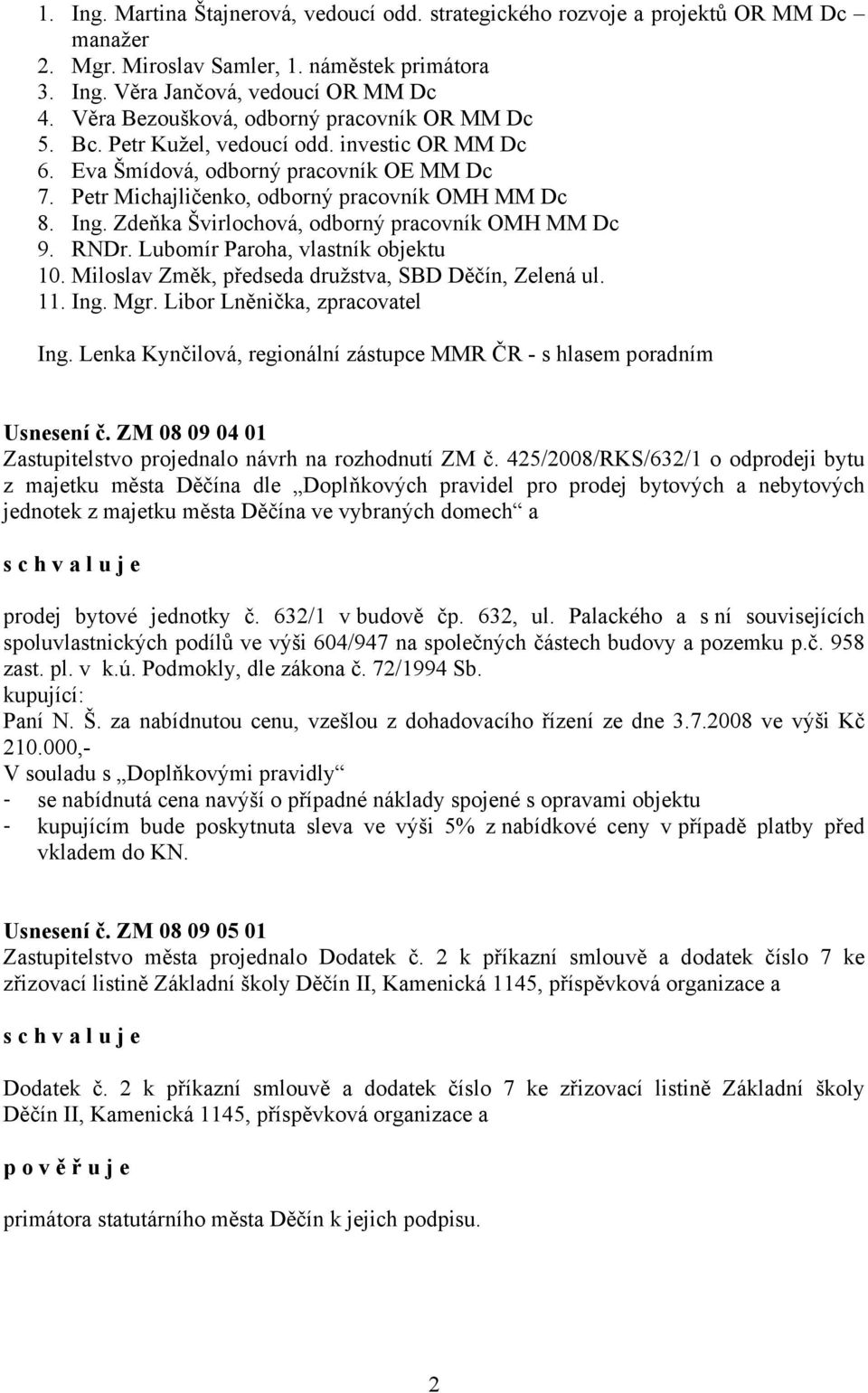 Zdeňka Švirlochová, odborný pracovník OMH MM Dc 9. RNDr. Lubomír Paroha, vlastník objektu 10. Miloslav Změk, předseda družstva, SBD Děčín, Zelená ul. 11. Ing. Mgr. Libor Lněnička, zpracovatel Ing.