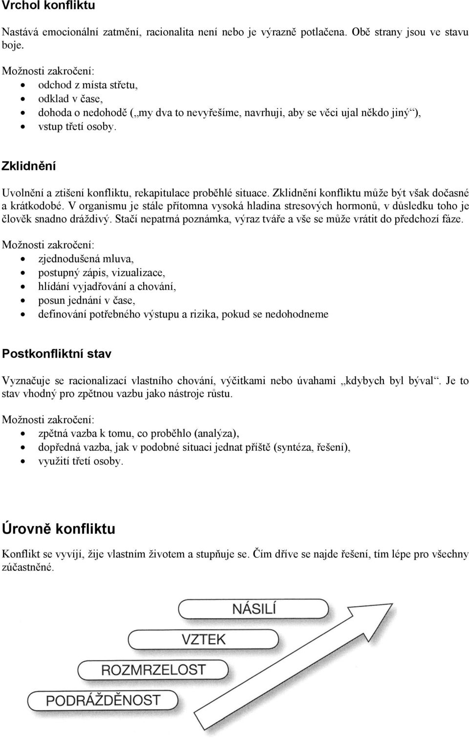 Zklidnění Uvolnění a ztišení konfliktu, rekapitulace proběhlé situace. Zklidnění konfliktu může být však dočasné a krátkodobé.