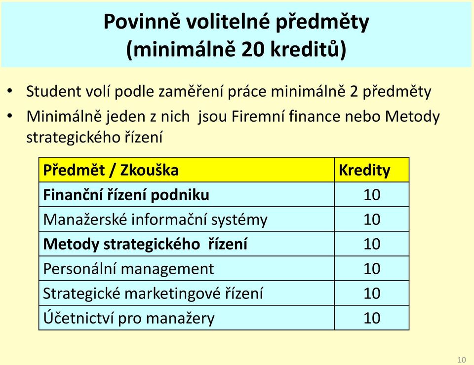 Zkouška Kredity Finanční řízení podniku 10 Manažerské informační systémy 10 Metody strategického