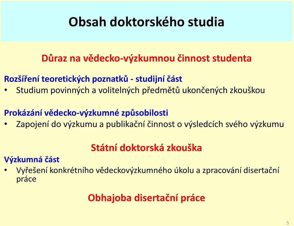 způsobilosti Zapojení do výzkumu a publikační činnost o výsledcích svého výzkumu Státní doktorská zkouška