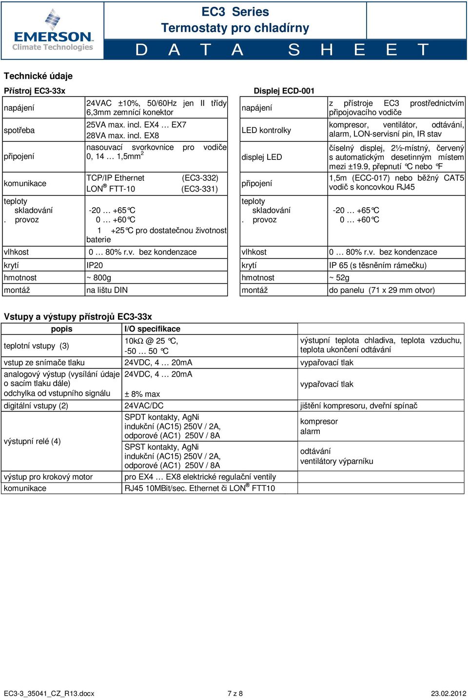 EX8 nasouvací svorkovnice pro vodiče 0, 14 1,5mm 2 displej LED TCP/IP Ethernet LON FTT-10 (EC3-332) (EC3-331) -20 +65 C 0 +60 C 1 +25 C pro dostatečnou životnost baterie připojení teploty skladování.