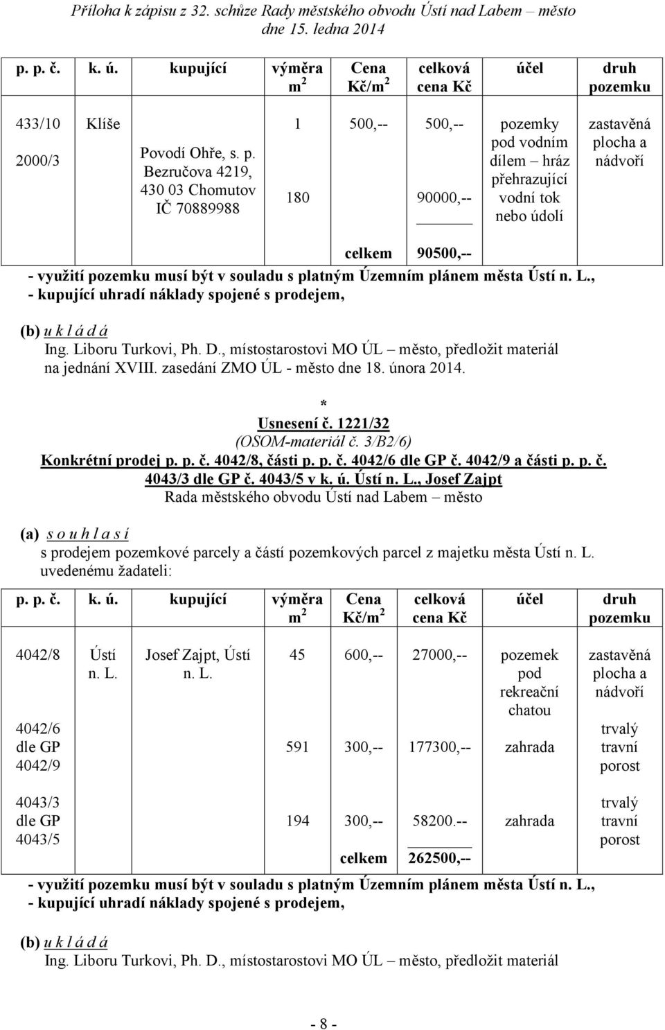 Liboru Turkovi, Ph. D., místostarostovi MO ÚL město, předložit materiál na jednání XVIII. zasedání ZMO ÚL - město dne 18. února 2014. Usnesení č. 1221/32 (OSOM-materiál č. 3/B2/6) Konkrétní prodej p.