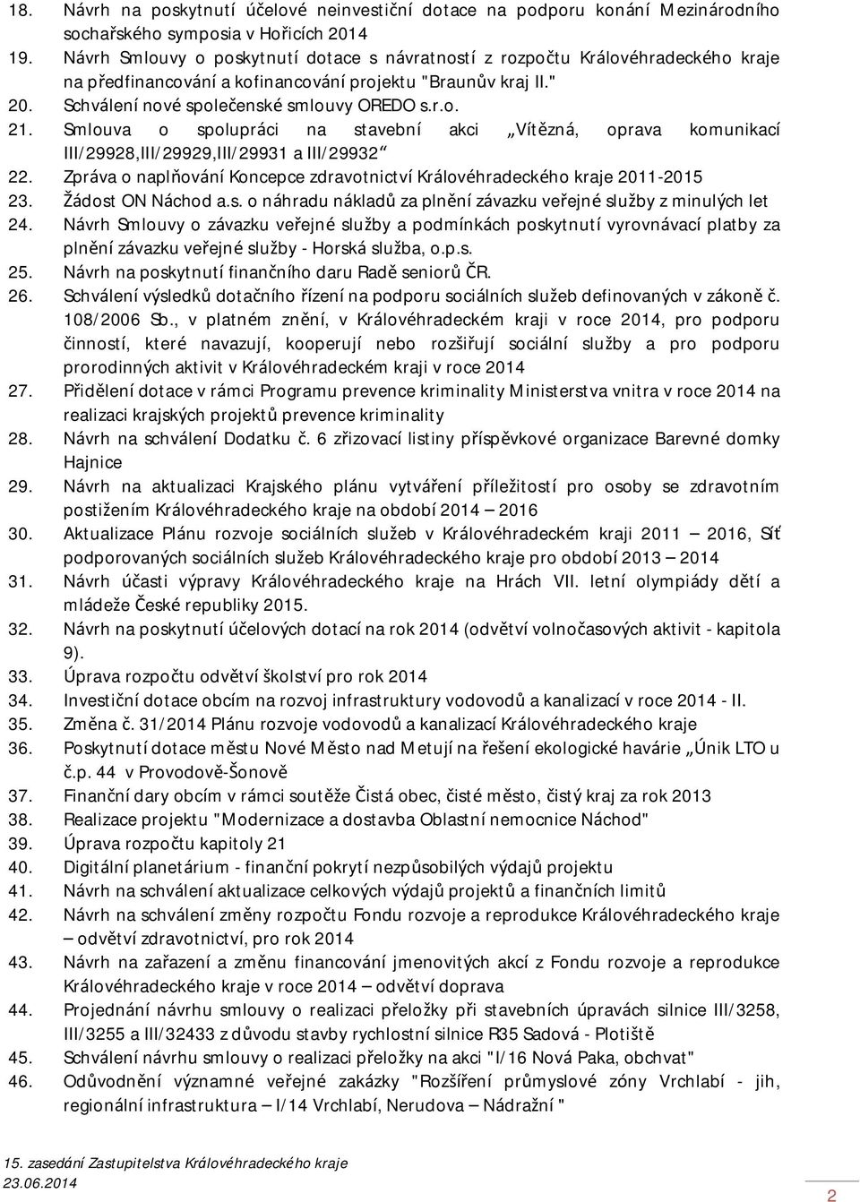 Smlouva o spolupráci na stavební akci Vítězná, oprava komunikací III/29928,III/29929,III/29931 a III/29932 22. Zpráva o naplňování Koncepce zdravotnictví Královéhradeckého kraje 2011-2015 23.