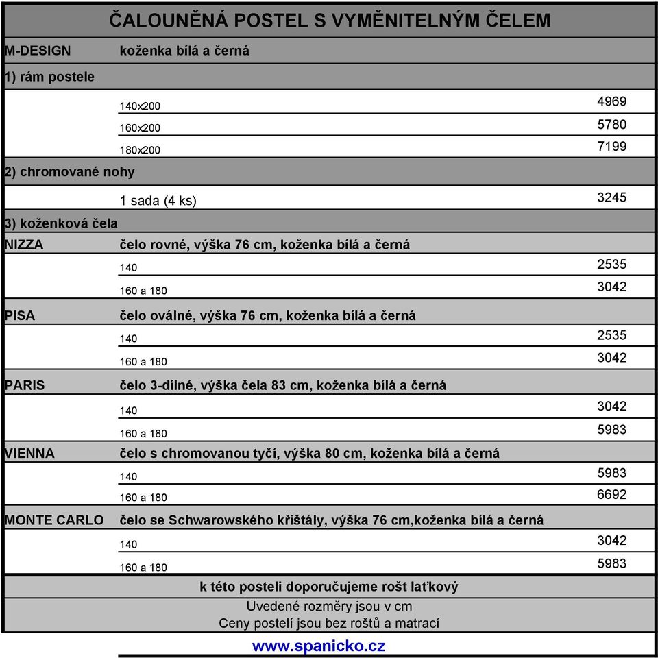 čelo 3-dílné, výška čela 83 cm, 140 3042 160 a 180 5983 čelo s chromovanou tyčí, výška 80 cm, 140 5983 160 a 180 6692 čelo se Schwarowského křištály,