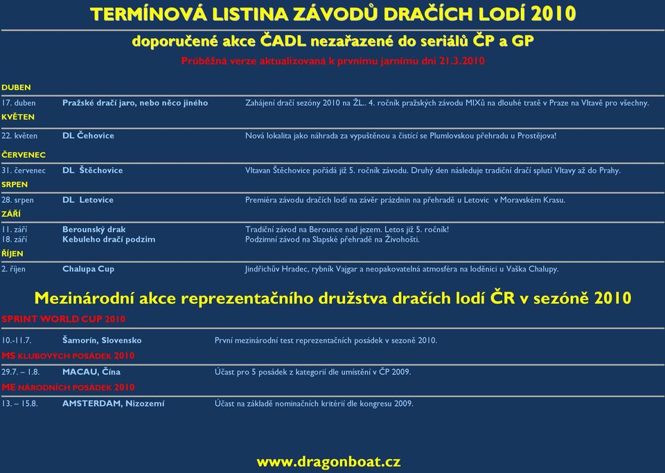 květen DL Čehovice Nová lokalita jako náhrada za vypuštěnou a čistící se Plumlovskou přehradu u Prostějova! ČERVENEC 31. červenec DL Štěchovice Vltavan Štěchovice pořádá již 5. ročník závodu.