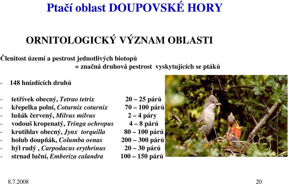 párů - luňák červený, Milvus milvus 2 4 páry - vodouš kropenatý, Tringa ochropus 4 8 párů - krutihlav obecný, Jynx torquilla 80 100 párů