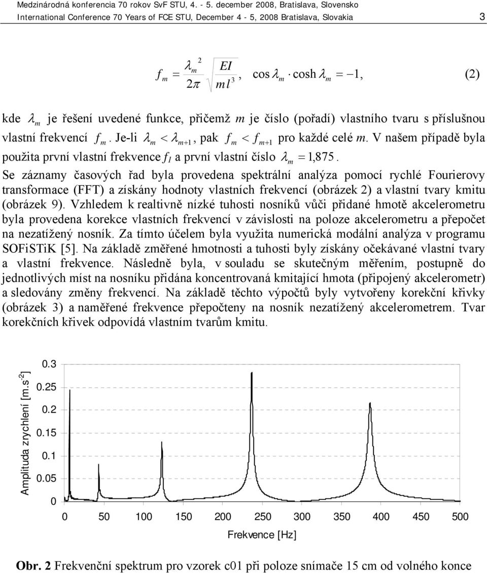 Se záznamy časových řad byla provedena spektrální analýza pomocí rychlé Fourierovy transformace (FFT) a získány hodnoty vlastních frekvencí (obrázek 2) a vlastní tvary kmitu (obrázek 9).