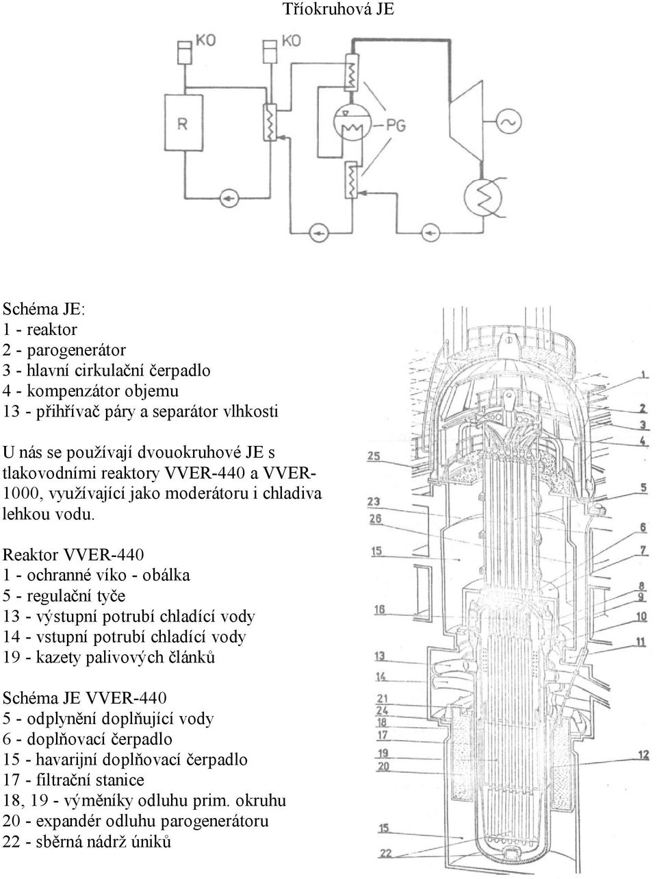 Reaktor VVER-440 1 - ochranné víko - obálka 5 - regulační tyče 13 - výstupní potrubí chladící vody 14 - vstupní potrubí chladící vody 19 - kazety palivových článků