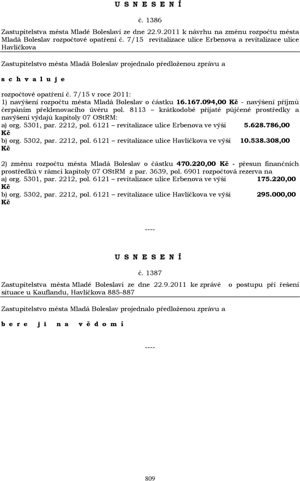 094,00 Kč - navýšení příjmů čerpáním překlenovacího úvěru pol. 8113 krátkodobé přijaté půjčené prostředky a navýšení výdajů kapitoly 07 OStRM: a) org. 5301, par. 2212, pol.