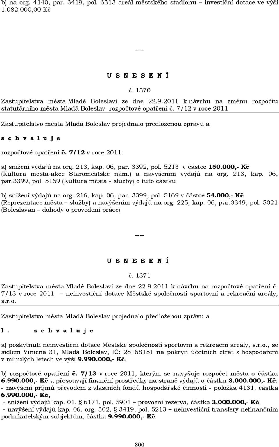 ) a navýšením výdajů na org. 213, kap. 06, par.3399, pol. 5169 (Kultura města - služby) o tuto částku b) snížení výdajů na org. 216, kap. 06, par. 3399, pol. 5169 v částce 54.