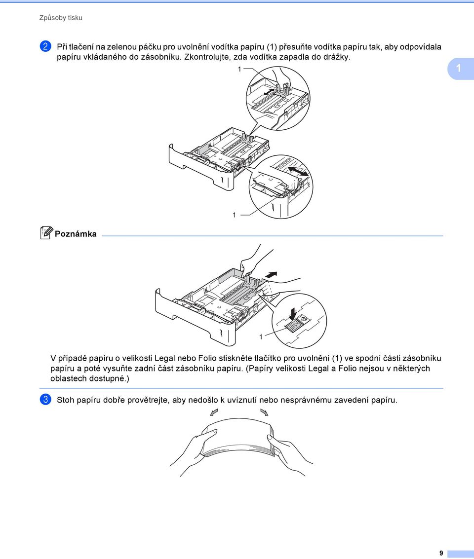 1 1 1 Poznámka 1 V případě papíru o velikosti Legal nebo Folio stiskněte tlačítko pro uvolnění (1) ve spodní části zásobníku papíru a
