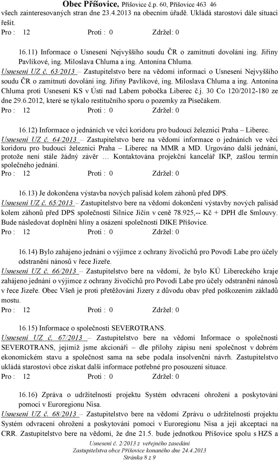 Miloslava Chluma a ing. Antonína Chluma proti Usnesení KS v Ústí nad Labem pobočka Liberec č.j. 30 Co 120/2012-180 ze dne 29.6.2012, které se týkalo restitučního sporu o pozemky za Písečákem. 16.