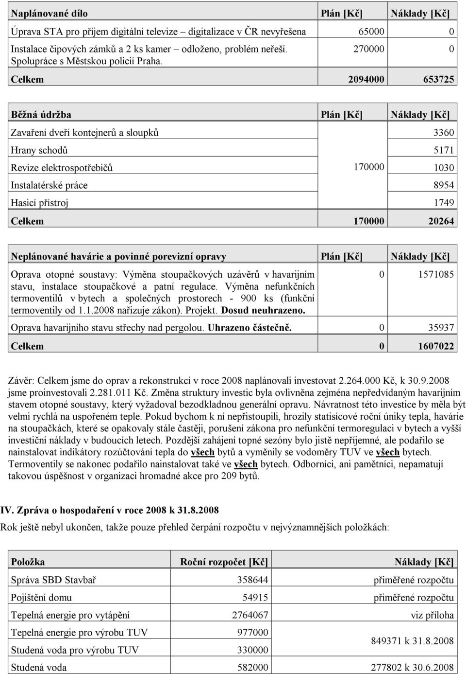 270000 0 Celkem 2094000 653725 Běžná údržba Plán [Kč] Náklady [Kč] Zavaření dveří kontejnerů a sloupků 3360 Hrany schodů 5171 Revize elektrospotřebičů 170000 1030 Instalatérské práce 8954 Hasicí
