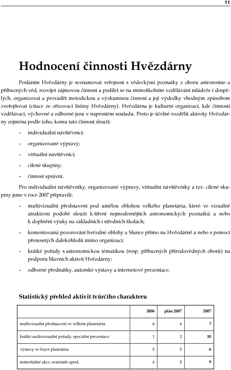Hvězdárna je kulturní organizací, kde činnosti vzdělávací, výchovné a odborné jsou v naprostém souladu.