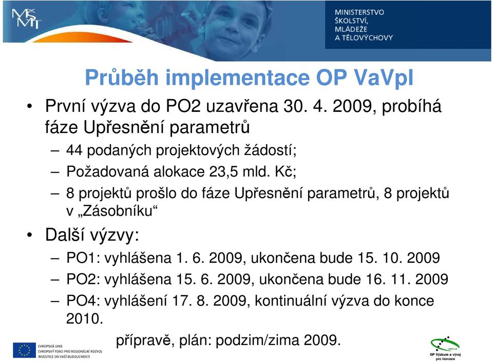 Kč; 8 projektů prošlo do fáze Upřesnění parametrů, 8 projektů v Zásobníku Další výzvy: PO1: vyhlášena 1. 6.