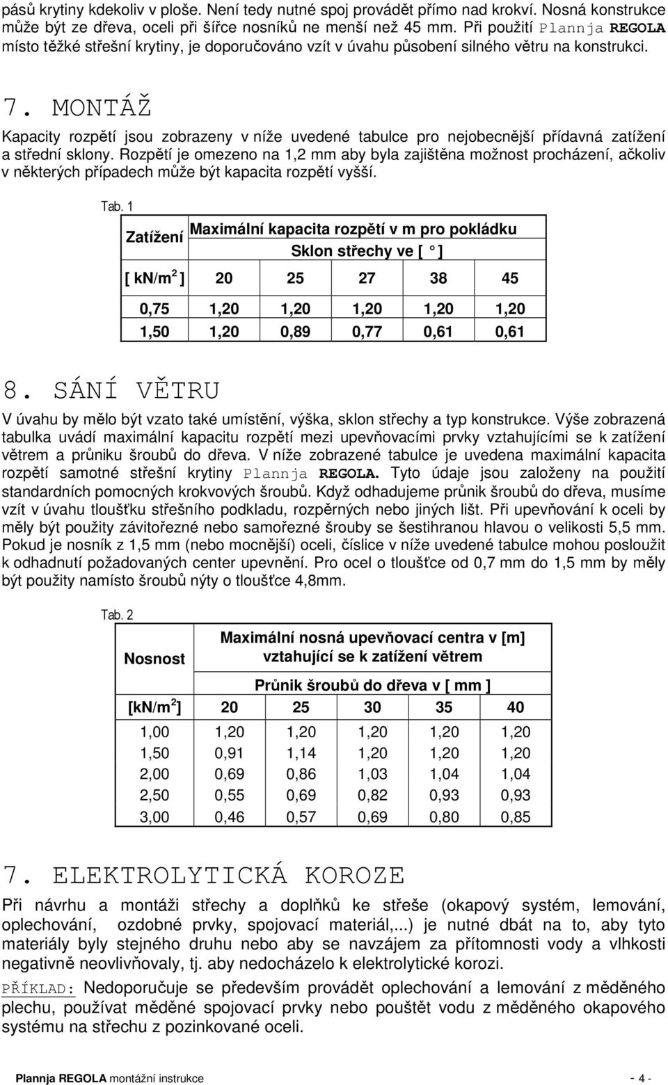 MONTÁŽ Kapacity rozpětí jsou zobrazeny v níže uvedené tabulce pro nejobecnější přídavná zatížení a střední sklony.