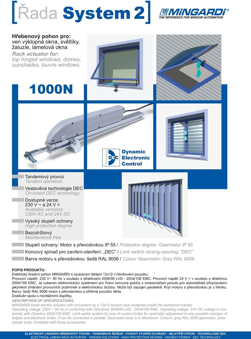 24V DC Vysoký stupeň ochrany High protection degree Bezúdržbový Maintenance free Stupeň ochrany: Motor s převodovkou IP 55 / Protection degree: Gearmotor IP 55 Koncový spínač pro zavření-otevření: