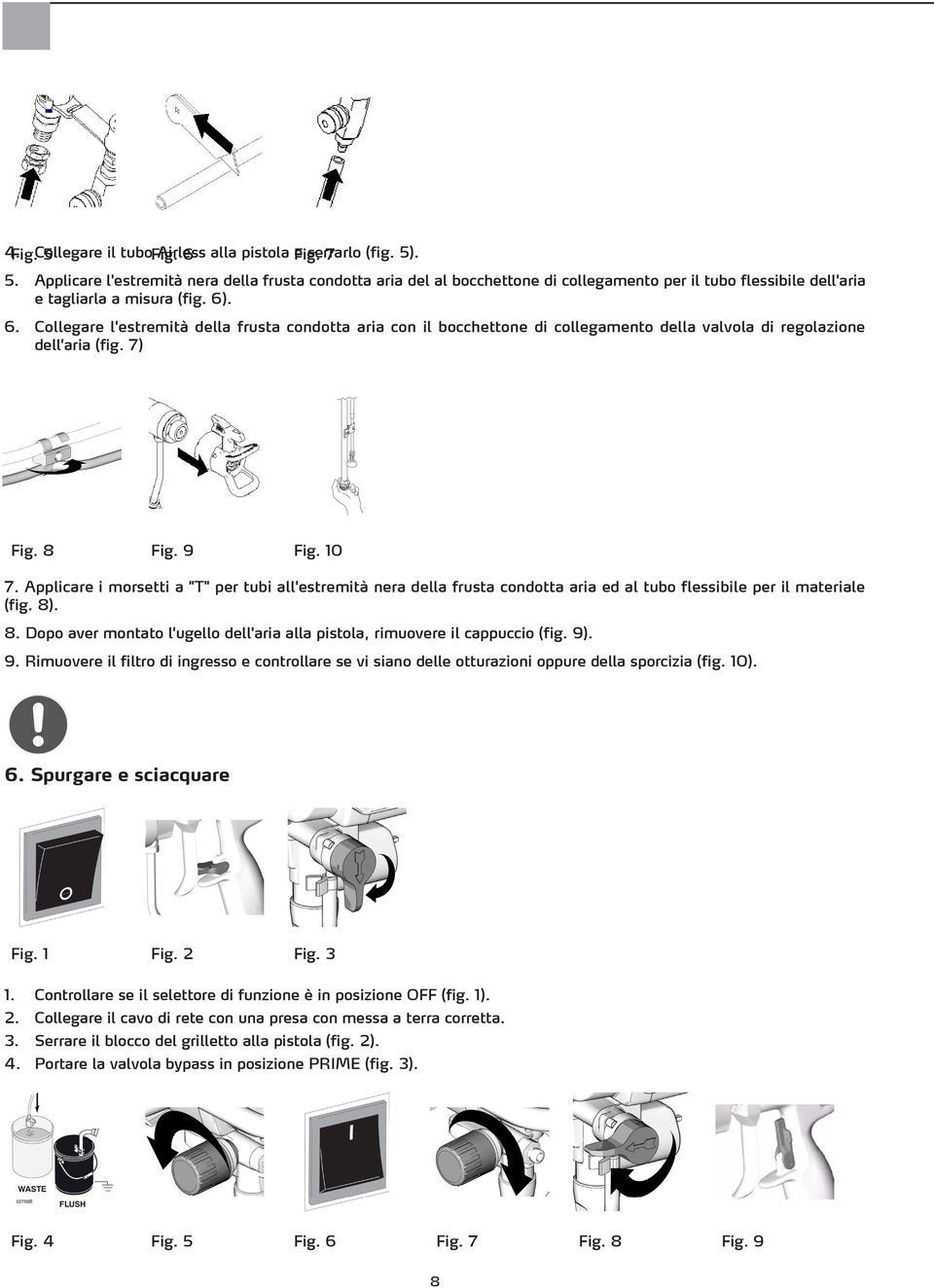 Applicare i morsetti a "T" per tubi all'estremità nera della frusta condotta aria ed al tubo flessibile per il materiale (fig. 8)