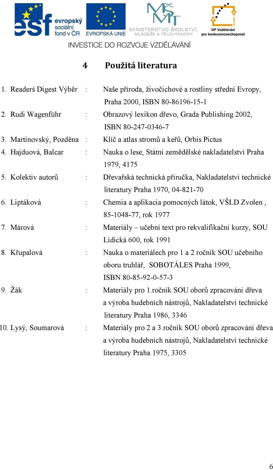 Hajduová, Balcar : Nauka o lese, Státní zemědělské nakladatelství Praha 1979, 4175 5. Kolektiv autorů : Dřevařská technická příručka, Nakladatelství technické literatury Praha 1970, 04-821-70 6.