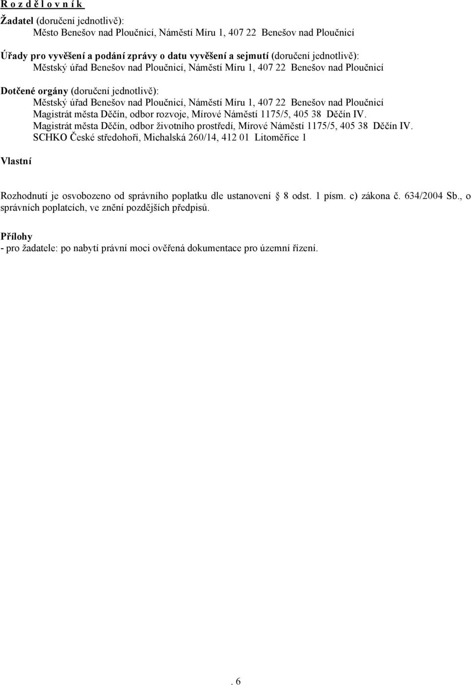 nad Ploučnicí Magistrát města Děčín, odbor rozvoje, Mírové Náměstí 1175/5, 405 38 Děčín IV. Magistrát města Děčín, odbor životního prostředí, Mírové Náměstí 1175/5, 405 38 Děčín IV.