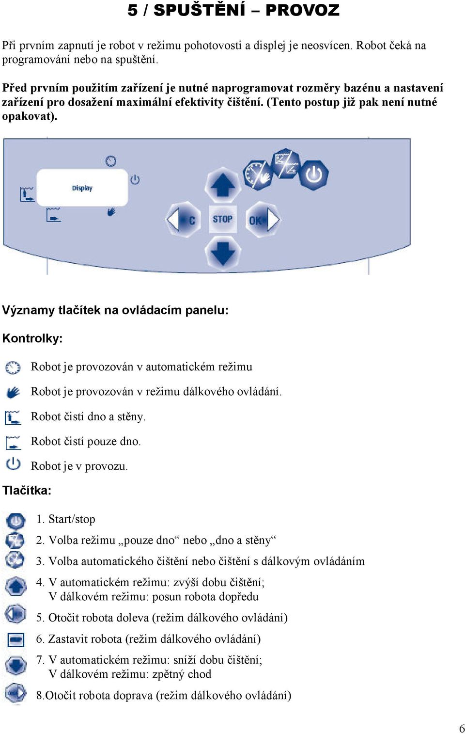Významy tlačítek na ovládacím panelu: Kontrolky: Tlačítka: Robot je provozován v automatickém režimu Robot je provozován v režimu dálkového ovládání. Robot čistí dno a stěny. Robot čistí pouze dno.