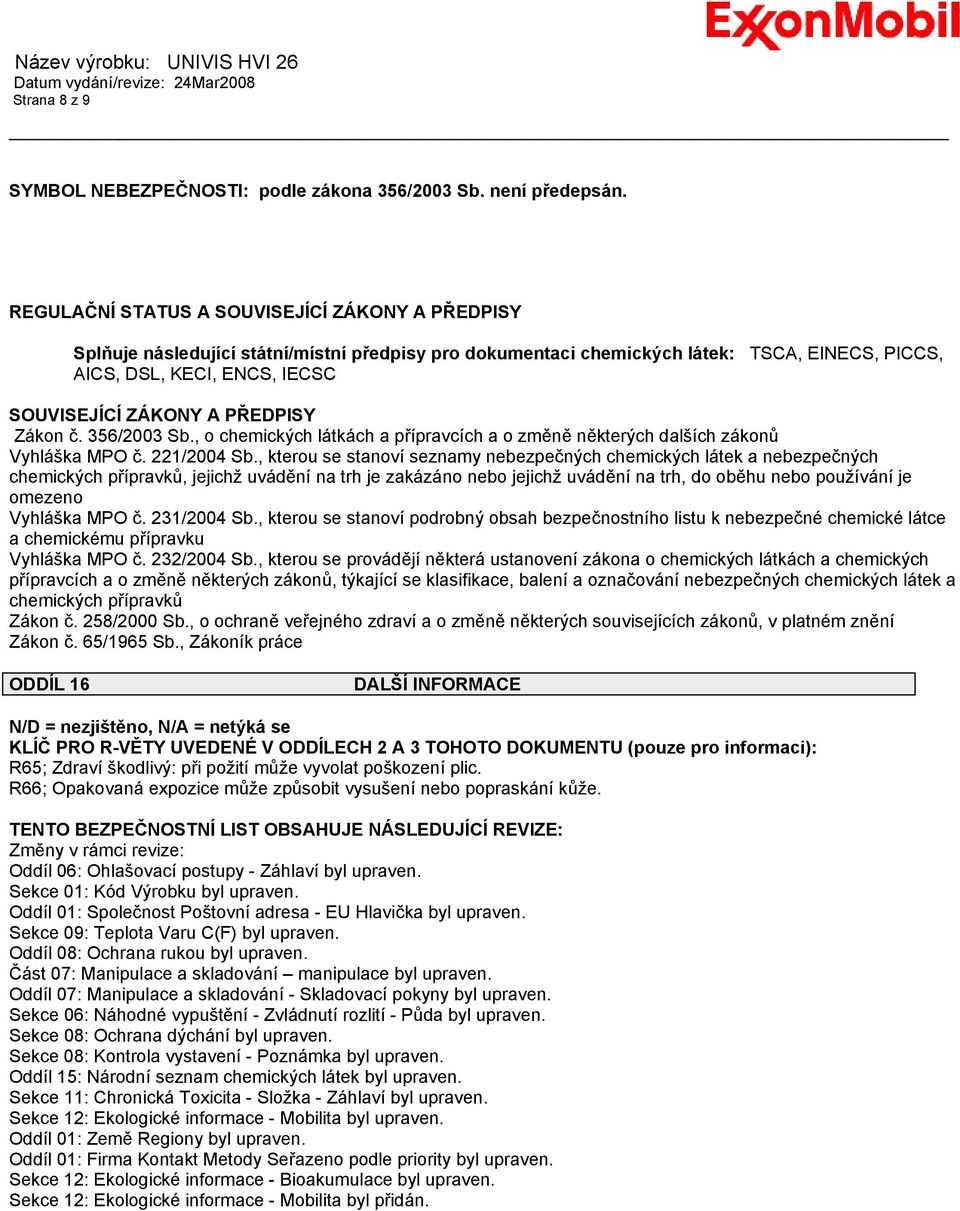 PŘEDPISY Zákon č. 356/2003 Sb., o chemických látkách a přípravcích a o změně některých dalších zákonů Vyhláška MPO č. 221/2004 Sb.