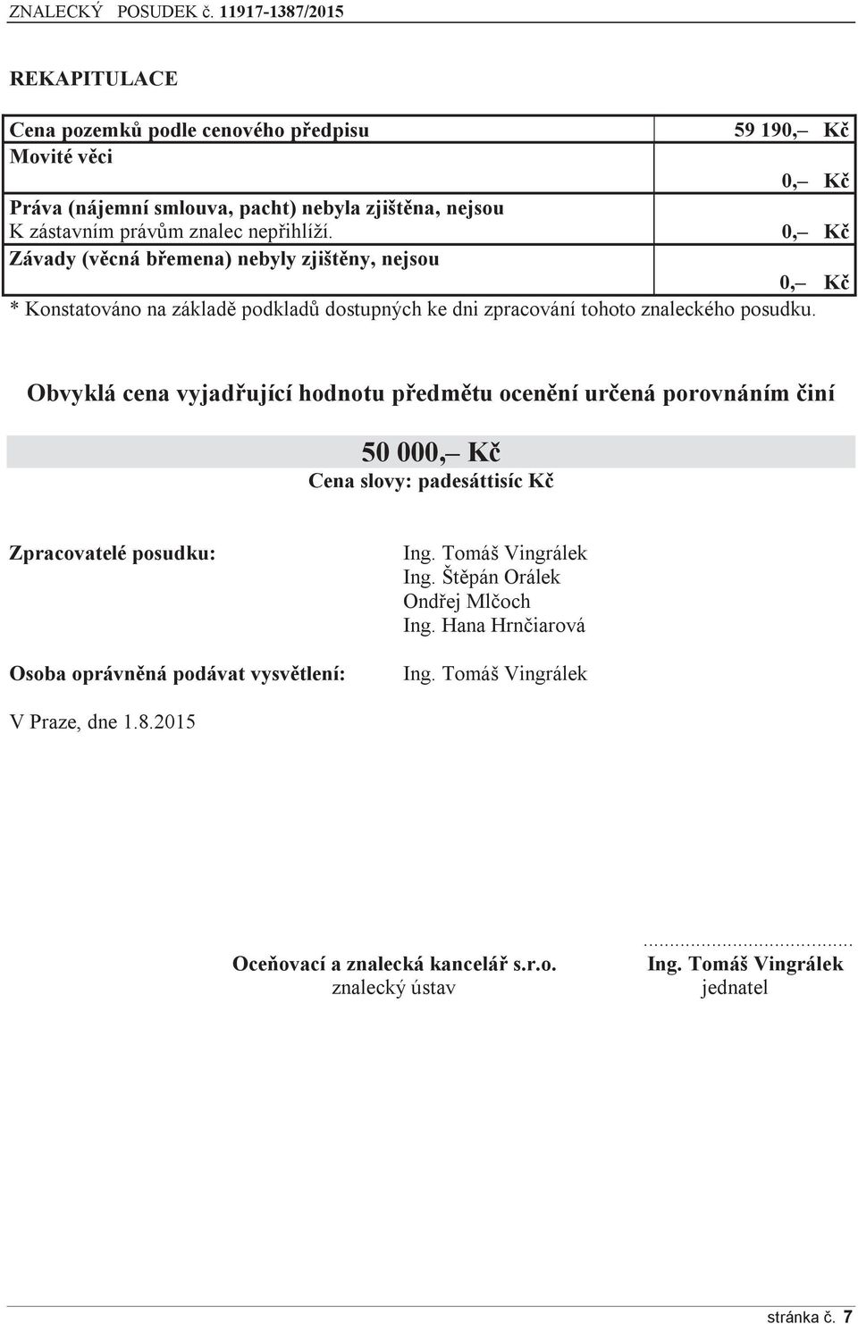 Obvyklá cena vyjadřující hodnotu předmětu ocenění určená porovnáním činí 50 000, Kč Cena slovy: padesáttisíc Kč Zpracovatelé posudku: Osoba oprávněná podávat vysvětlení: Ing.