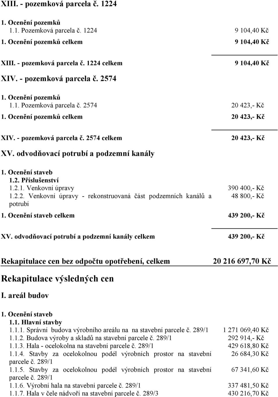 Ocenění staveb celkem 439 200,- Kč XV. odvodňovací potrubí a podzemní kanály celkem 439 200,- Kč Rekapitulace cen bez odpočtu opotřebení, celkem 20 216 697,70 Kč Rekapitulace výsledných cen I.