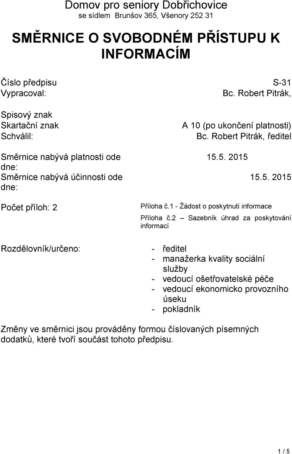 platnosti) Bc. Robert Pitrák, ředitel 15.5. 2015 15.5. 2015 Příloha č.1 - Žádost o poskytnutí informace Příloha č.