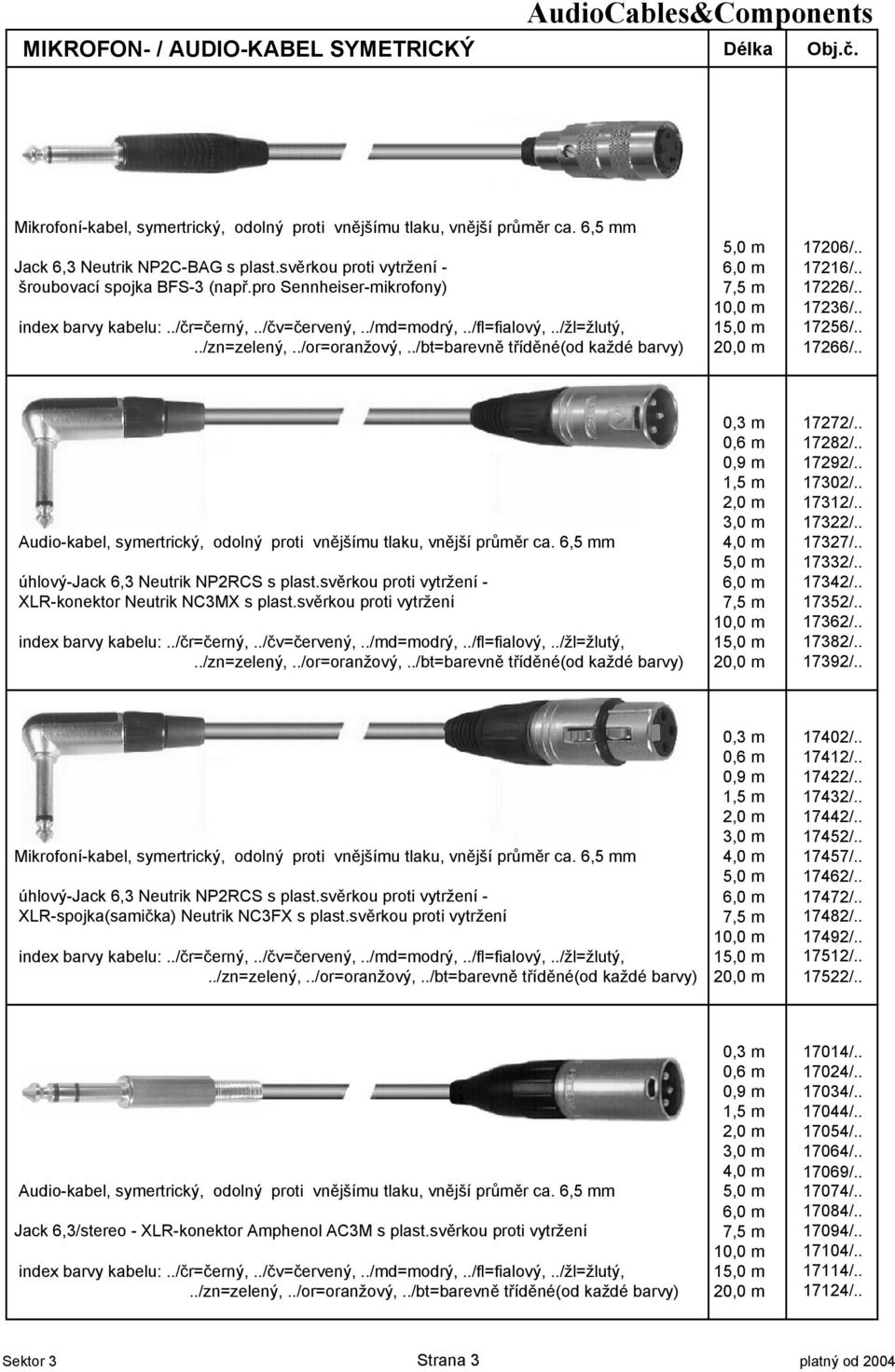 . 0,9 m 17292/.. 1,5 m 17302/.. 2,0 m 17312/.. 3,0 m 17322/.. Audio-kabel, symertrický, odolný proti vn#jšímu tlaku, vn#jší pr'm#r ca. 6,5 mm 4,0 m 17327/.. 5,0 m 17332/.