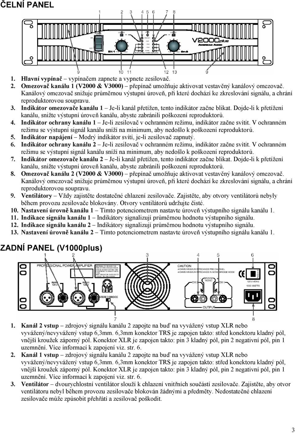 Indikátor omezovače kanálu 1 Je-li kanál přetížen, tento indikátor začne blikat. Dojde-li k přetížení kanálu, snižte výstupní úroveň kanálu, abyste zabránili poškození 4.