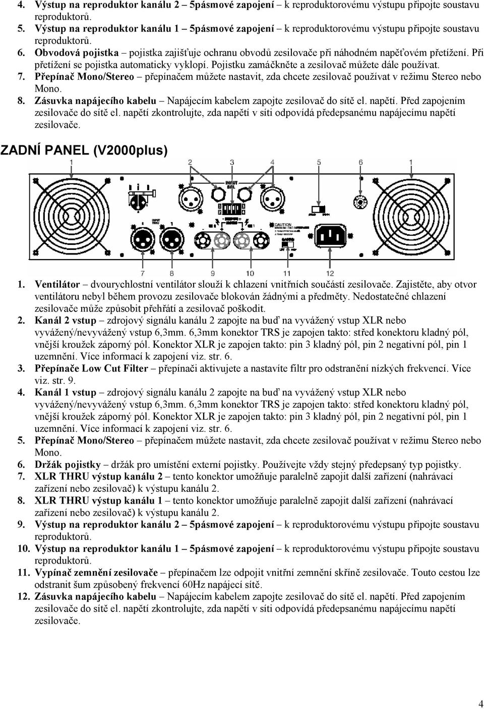 Přepínač Mono/Stereo přepínačem můžete nastavit, zda chcete zesilovač používat v režimu Stereo nebo Mono. 8. Zásuvka napájecího kabelu Napájecím kabelem zapojte zesilovač do sítě el. napětí.