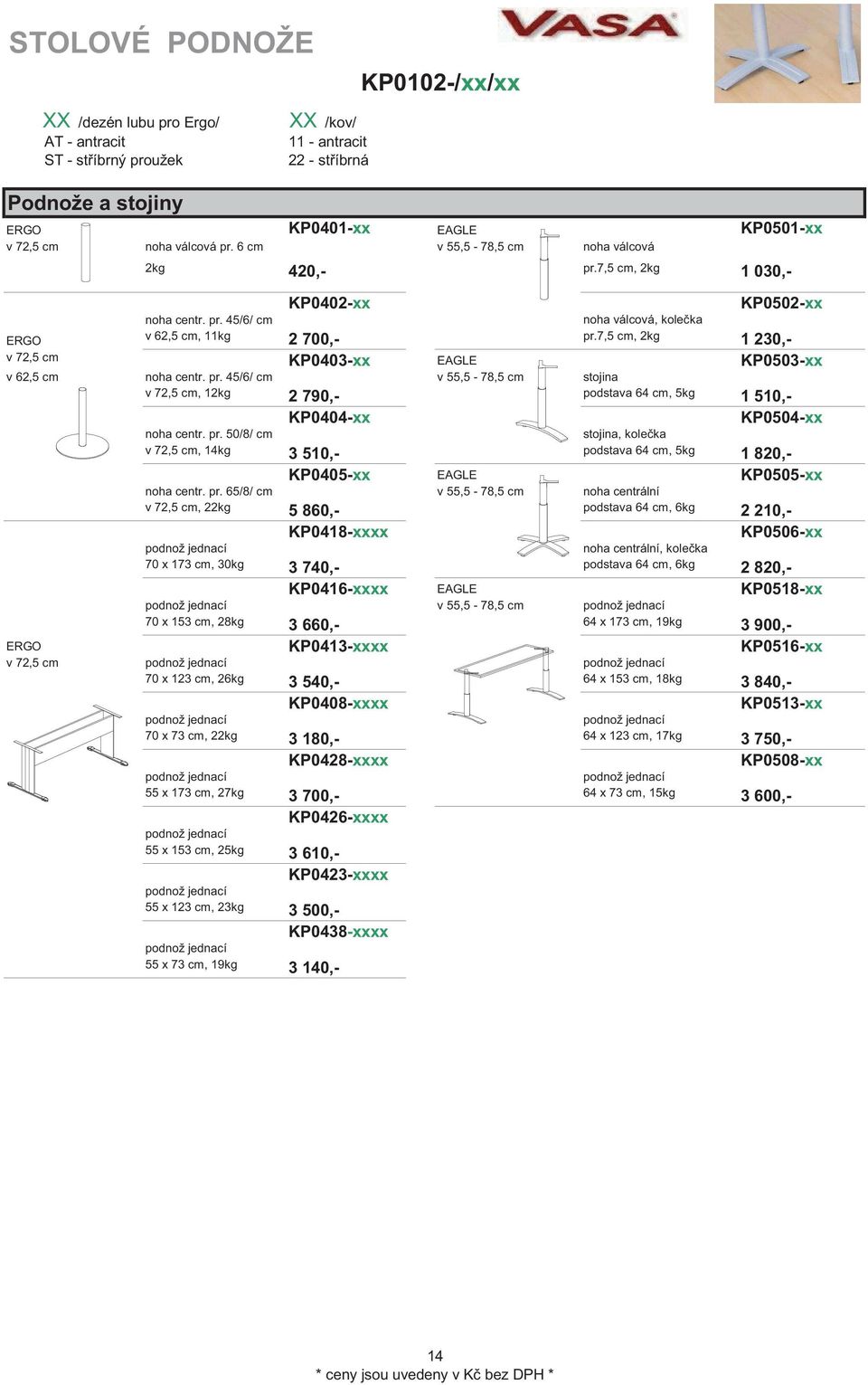 7,5 cm, 2kg 1 230,- v 72,5 cm KP0403-xx EAGE KP0503-xx v 62,5 cm noha centr. pr. 45/6/ cm v 55,5-78,5 cm stojina v 72,5 cm, 12kg 2 790,- podstava 64 cm, 5kg 1 510,- KP0404-xx KP0504-xx noha centr. pr. 50/8/ cm stojina, kole ka v 72,5 cm, 14kg 3 510,- podstava 64 cm, 5kg 1 820,- KP0405-xx EAGE KP0505-xx noha centr.