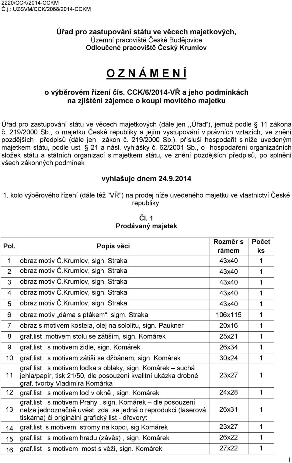 CCK/6/2014-VŘ a jeho podmínkách na zjištění zájemce o koupi movitého majetku Úřad pro zastupování státu ve věcech majetkových (dále jen,,úřad ), jemuž podle 11 zákona č. 219/2000 Sb.