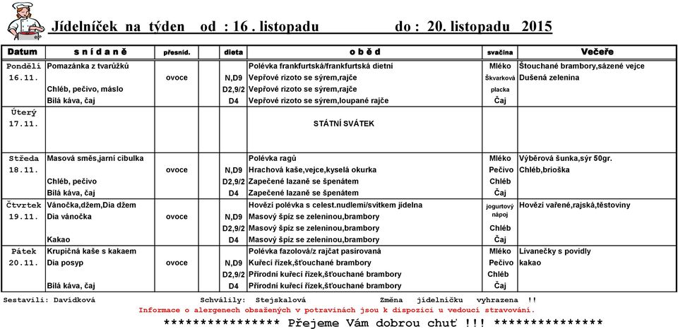 STÁTNÍ SVÁTEK Středa Masová směs,jarní cibulka Polévka ragů Mléko Výběrová šunka,sýr 50gr. 18.11.